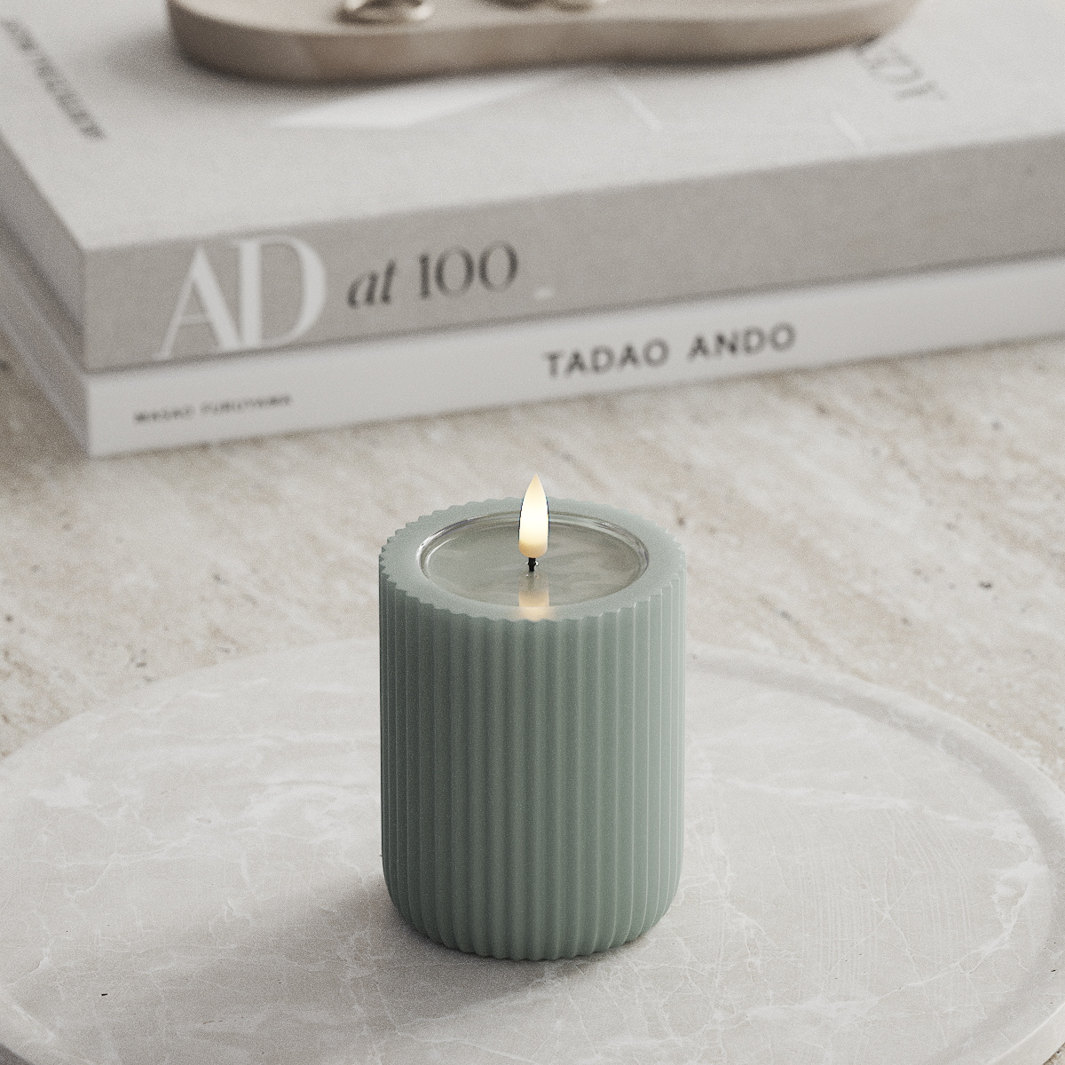 Deluxe Homeart Unique LED Ribbed candle D 8 x 10 cm Sage Green unique Ribbed candle 1