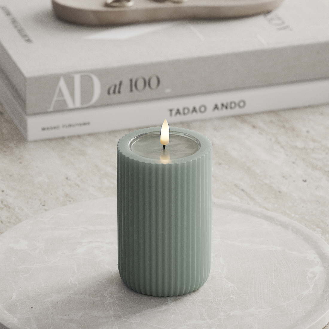 Deluxe Homeart Unique LED Ribbed candle D 8 x 12.5 cm Sage Green unique Ribbed candle 3
