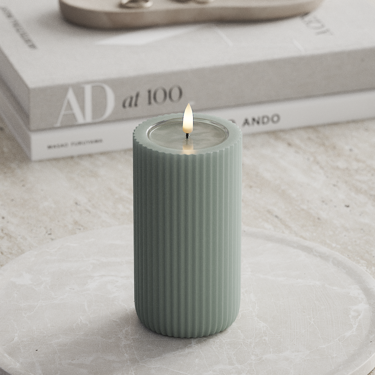 Deluxe Homeart Unique LED Ribbed candle D 8 x 15 cm Sage Green unique Ribbed candle 1