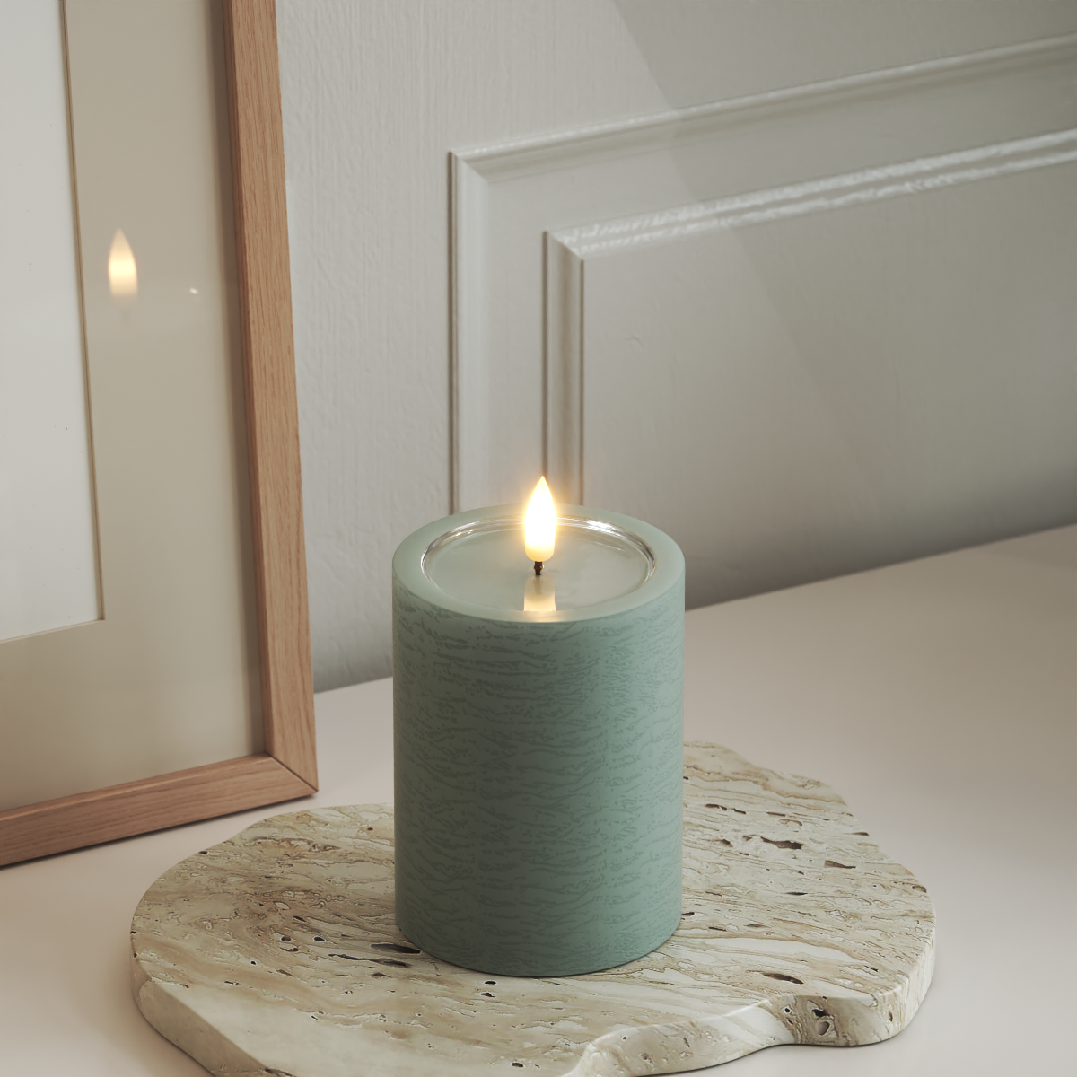 Deluxe Homeart Unique LED Pillar candle D 7.5 x 10 cm Sage Green unique Pillar candle 3