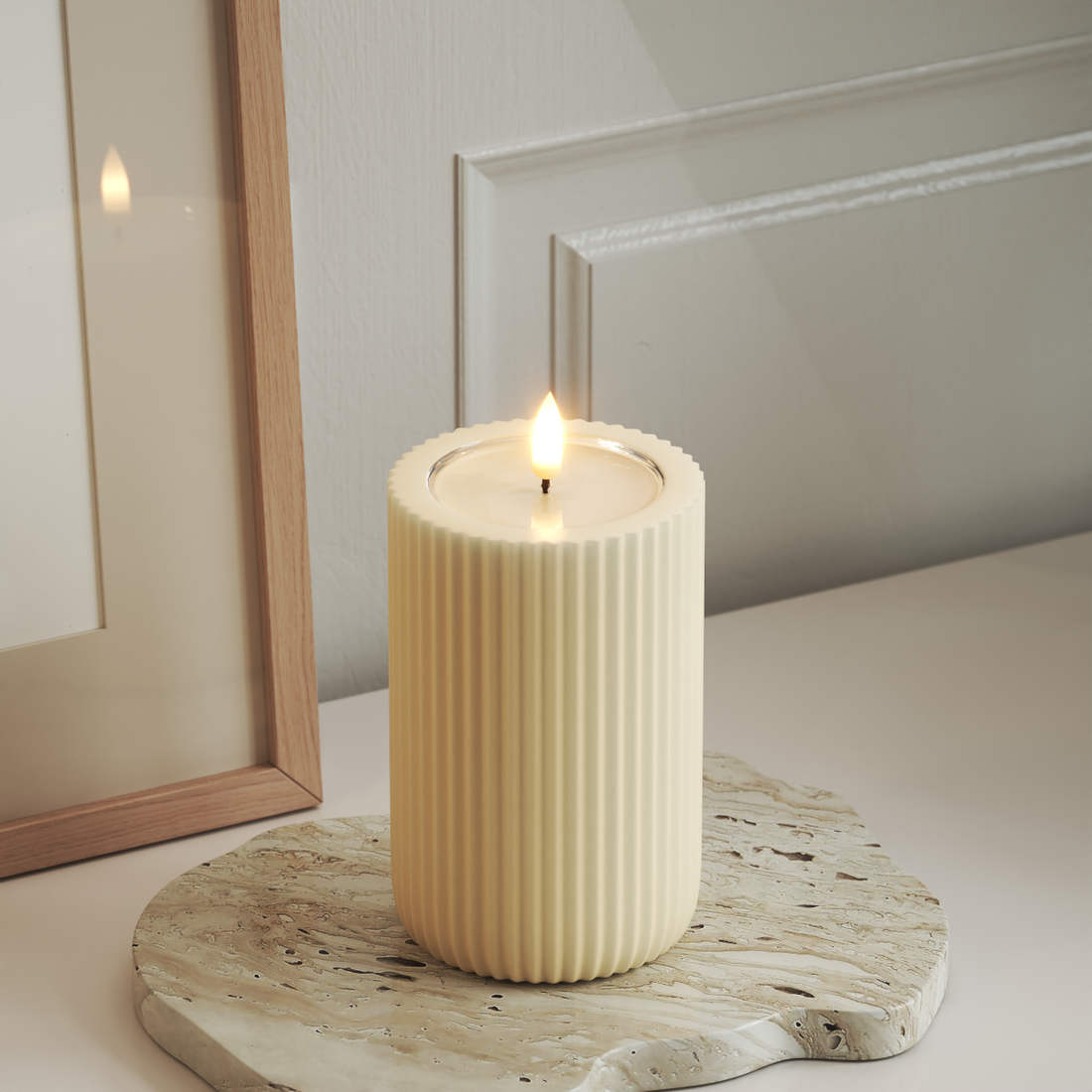 Deluxe Homeart Unique LED Ribbed candle D 8 x 12.5 cm Cream unique Ribbed candle 3