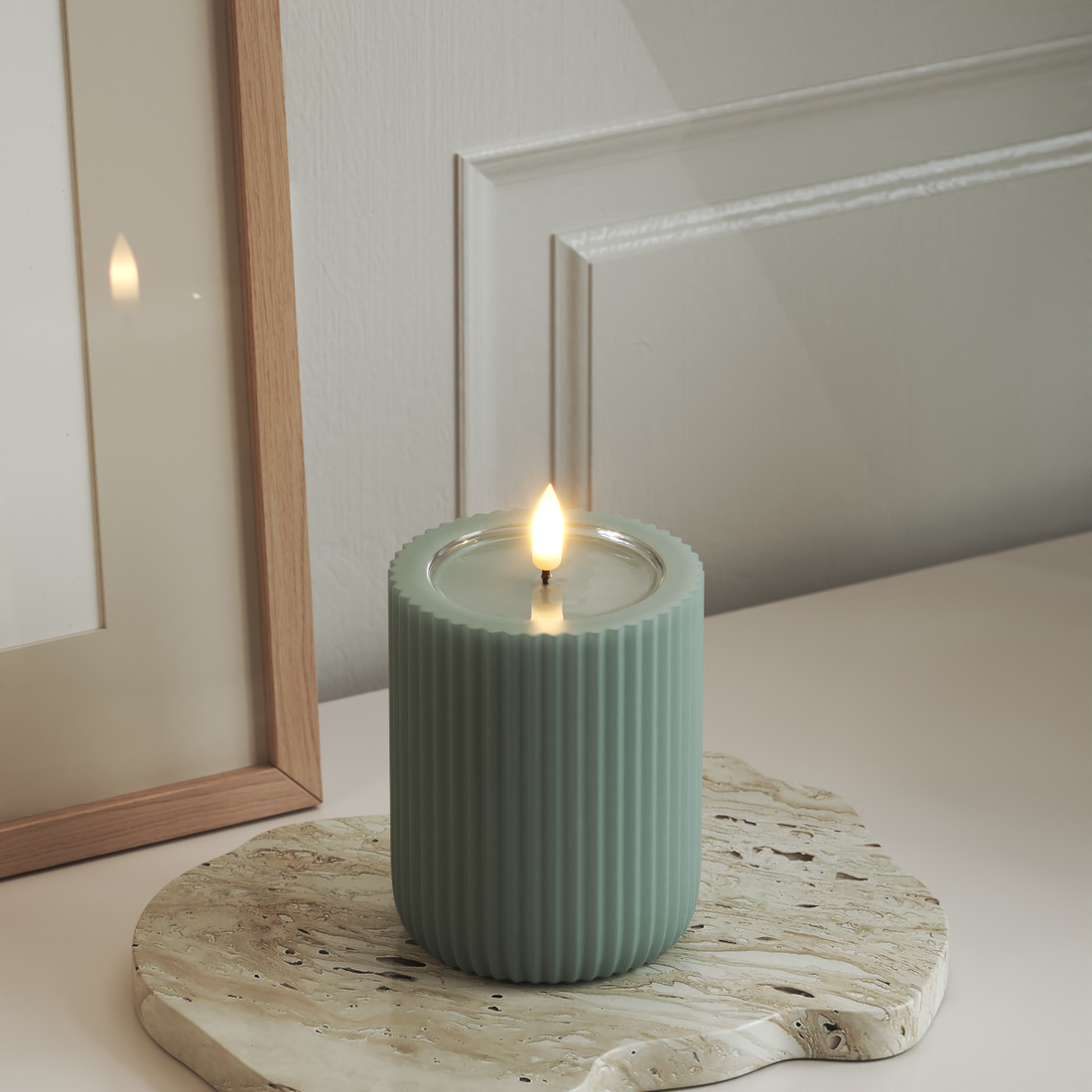 Deluxe Homeart Unique LED Ribbed candle D 8 x 10 cm Sage Green unique Ribbed candle 3
