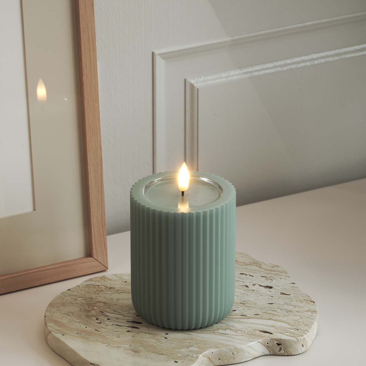 Deluxe Homeart Unique LED Ribbed candle D 8 x 10 cm Sage Green unique Ribbed candle 3