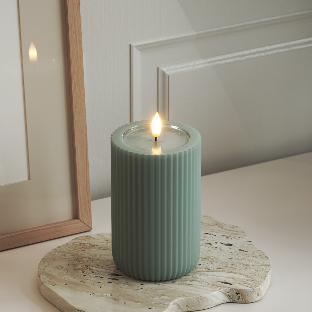 Deluxe Homeart Unique LED Ribbed candle D 8 x 12.5 cm Sage Green unique Ribbed candle 3