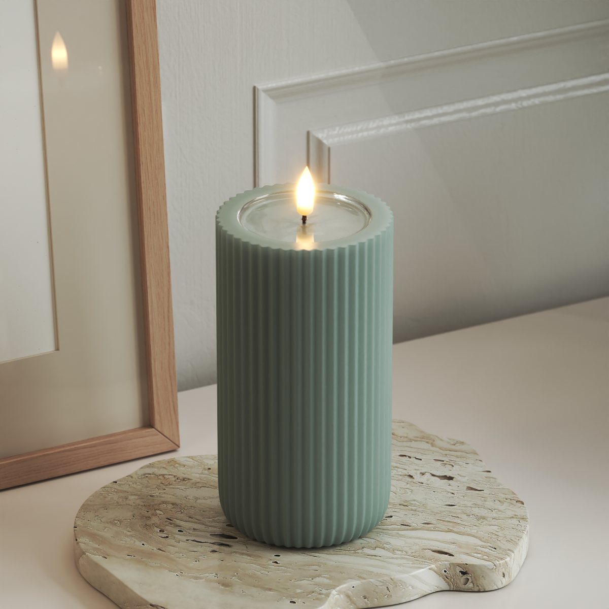 Deluxe Homeart Unique LED Ribbed candle D 8 x 15 cm Sage Green unique Ribbed candle 3